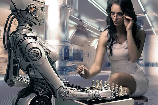 Femme joue aux échecs avec un robot - Intelligence artificielle