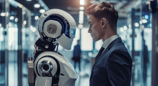 Un homme en costume d'affaires se tient à côté d'un robot IA, se regardant l'un l'autre avec confiance et une technologie futuriste. L'arrière-plan est un espace de bureau moderne avec des murs en verre et des lumières.