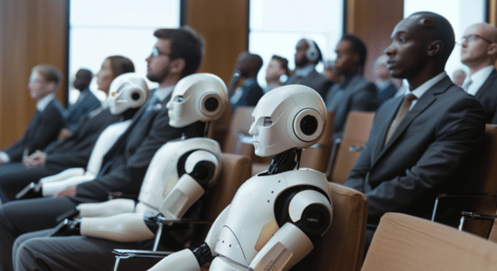 des robots en costume assis les uns à côté des autres, écoutant attentivement une réunion d'assemblée où des personnes d'apparence humaine à la peau blanche sont assises et parlent de l'avenir.  Cette image illustre le rôle de l'intelligence artificielle dans le marketing, la diversité des entreprises technologiques et le comportement professionnel général.