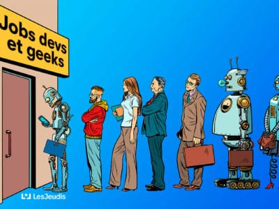 personnes et robots faisant la queue pour un travail informatique ou numérique