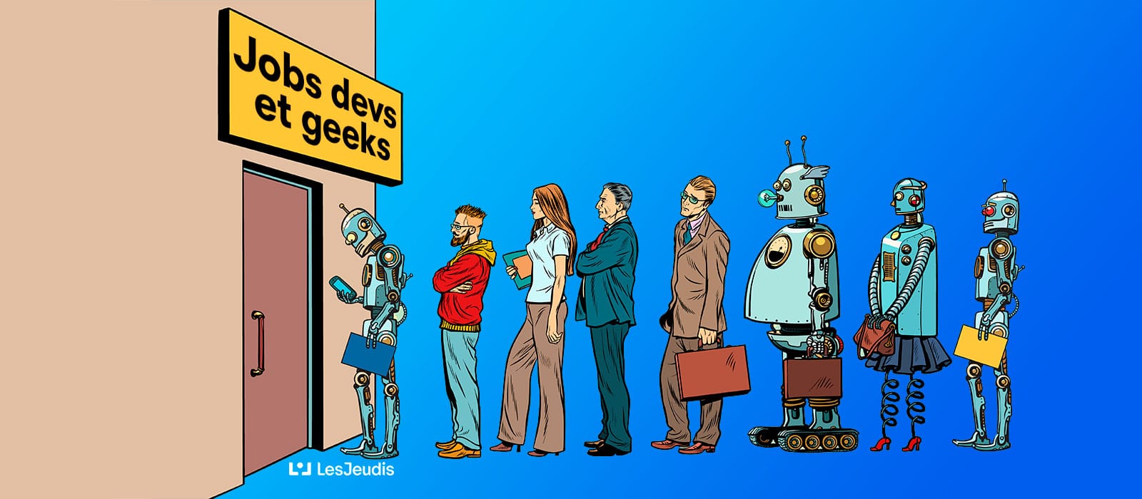 personnes et robots faisant la queue pour un travail informatique ou numérique