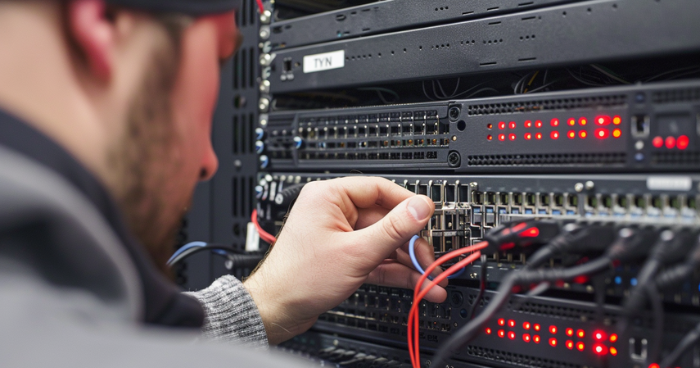 ingénieur des réseaux et systèmes configure les ports TCP/IP dans la salle des servers. 
