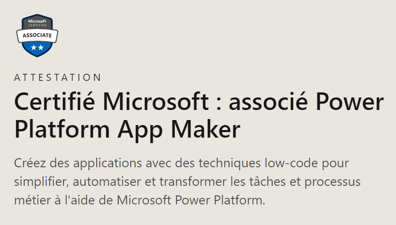 Certifié Microsoft  associé Power Platform App Maker